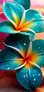 Vibrant tropical flowers with teal and pink petals.