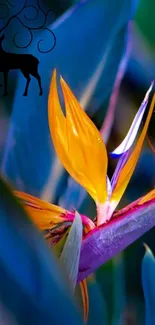 Tropical bird of paradise flower with vibrant blue leaves on wallpaper.