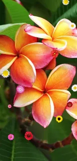 Vibrant orange and pink tropical flowers against green leaves.