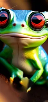 Colorful frog with large eyes on a vibrant green background.