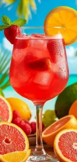 Tropical cocktail with fruits on a beach.