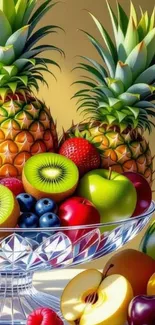 Vibrant display of tropical fruits in a crystal bowl.
