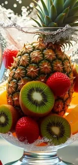 Vibrant arrangement of tropical fruits in a clear glass vase.