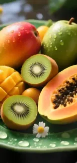A colorful display of kiwi, mango, and papaya on a green plate.
