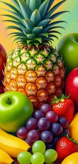 A vibrant, colorful wallpaper featuring tropical fruits like pineapple, apple, and grapes.