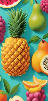 Vibrant tropical fruit pattern with pineapples and grapes on turquoise background.