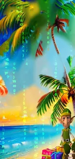 Tropical island wallpaper with palm trees and a magical character by the ocean.