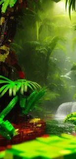 Vibrant LEGO jungle with lush greens and a waterfall in a tropical scene.