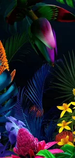 Vibrant tropical jungle wallpaper with colorful flora.