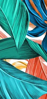 Vibrant abstract wallpaper featuring tropical leaves in teal and orange hues.