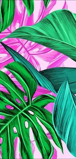 Vibrant tropical leaves in green and pink on a phone wallpaper.