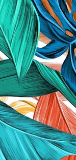 Vibrant tropical leaf wallpaper with teal and orange colors.