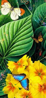 Vibrant green leaves with butterflies and yellow flowers.