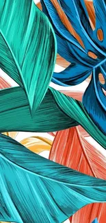 Vibrant tropical leaves wallpaper with teal and blue foliage.