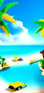 Vibrant tropical LEGO beach with palm trees and azure waters