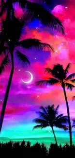 Colorful tropical wallpaper with palm trees and crescent moon.