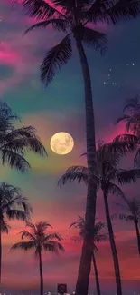 Vibrant tropical night sky with silhouetted palm trees and full moon.