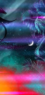 Tropical night wallpaper with bird, palm, and colorful sky.