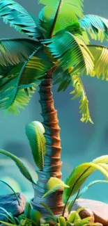 Artistic tropical palm tree with vibrant green leaves.