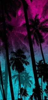 Silhouetted palm trees against magenta and turquoise gradient sky.