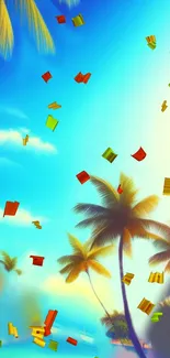 Vibrant tropical scene with palm trees and colorful confetti under a bright sky.