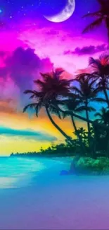 Vibrant tropical paradise with palm trees and colorful sky under crescent moon.