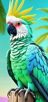 Colorful tropical parrot on a vibrant background with palm trees.