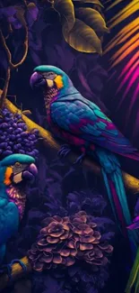 Colorful tropical parrots on lush jungle background.