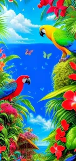 Vibrant tropical wallpaper with parrots and flowers.