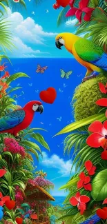 Tropical parrots amidst lush jungle scenery with butterflies and flowers.