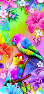 Vibrant tropical wallpaper with colorful parrots and flowers.