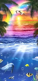 Tropical seascape with sunset, dolphins, and palm trees in vibrant colors.