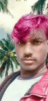 Artistic selfie with palm trees and vibrant magenta hair background.