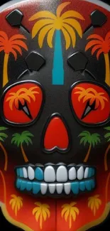 Colorful skull art with tropical palm tree design.