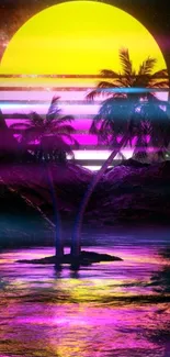 Vibrant tropical sunset with neon colors and palm trees reflected in water.