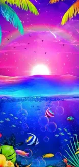 Vibrant tropical sunset with ocean and exotic fish illustration.