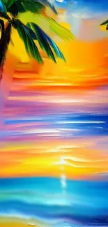 Vibrant tropical sunset with palm trees and colorful hues of orange and blue.