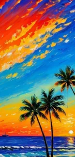 Vibrant sunset with palm trees and ocean waves in a colorful painted style.