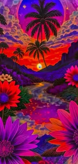 Vibrant tropical sunset with palm trees and flowers.