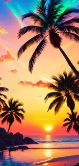 Tropical sunset with palm silhouettes over a serene beach and vibrant sky.