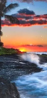 Tropical sunset with palm trees and ocean waves.