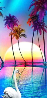 Vibrant tropical sunset with swan and palm trees on tranquil waters.