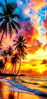 Colorful tropical sunset with palm trees and ocean.