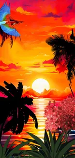 Tropical sunset with palm trees and a vibrant sky in phone wallpaper.