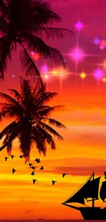 Vibrant tropical sunset with palms and ship silhouetted against a starry sky.