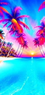 Vibrant tropical sunset with palm trees over turquoise water.