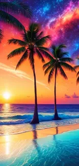 Vibrant tropical sunset with palm trees and colorful night sky.