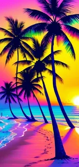 Vibrant tropical sunset with palm trees on a colorful beach.