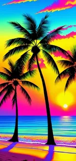 Vibrant sunset with silhouetted palms on a tropical beach.