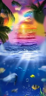 Vibrant tropical sunset over ocean with palm trees and underwater scene.